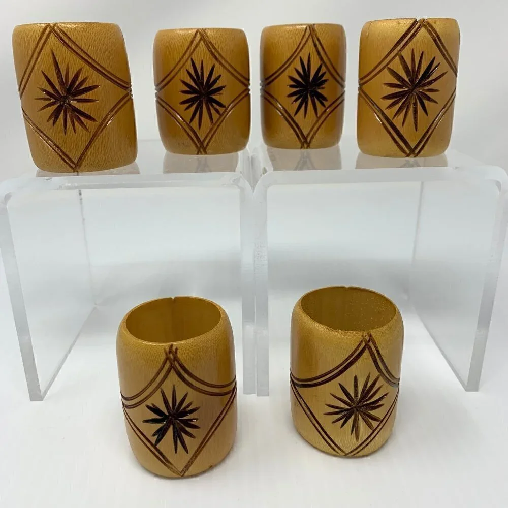 Bamboo Napkin Rings Etched Star Set of Six Vintage Wood Tableware Serving